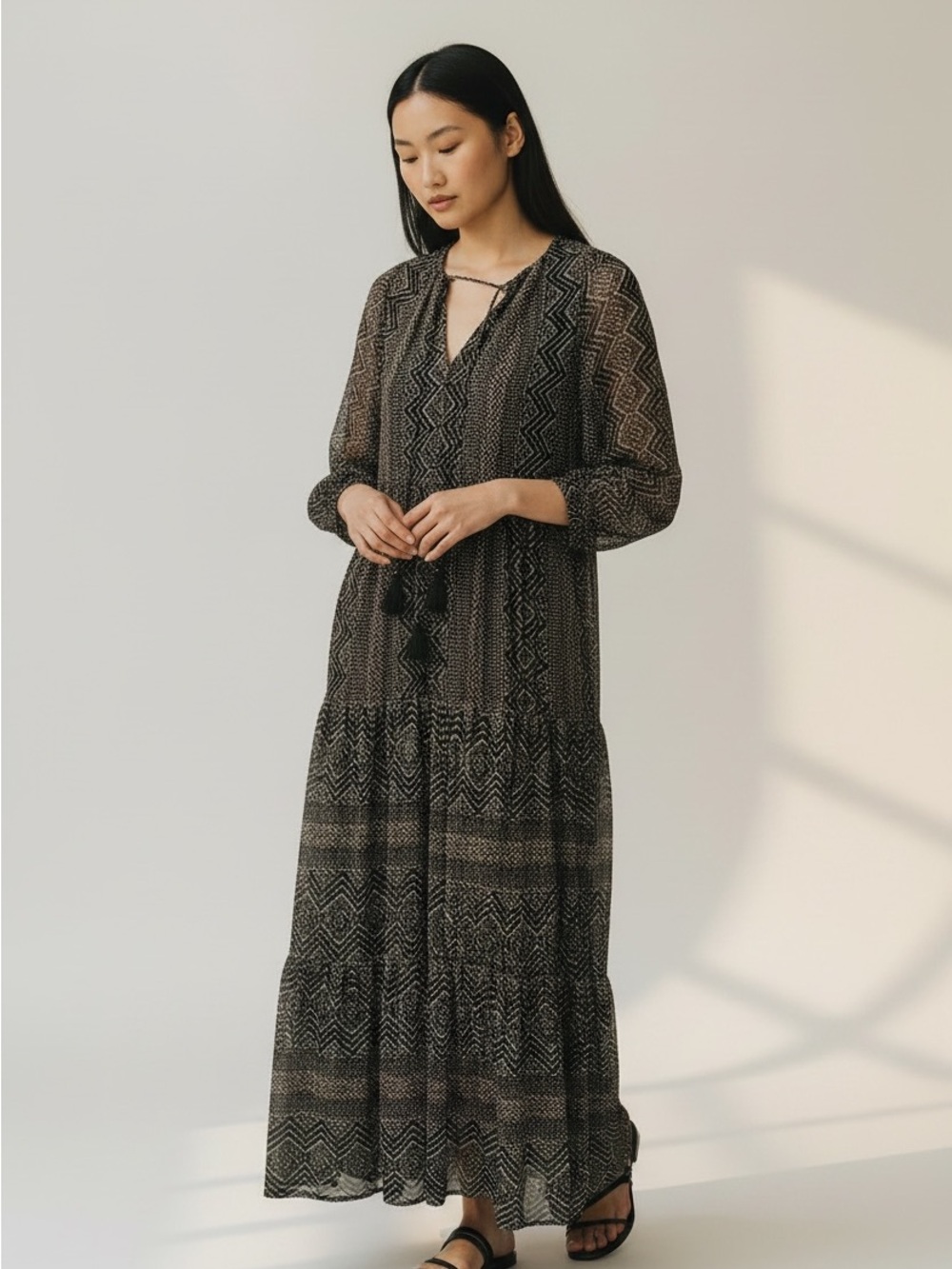Just...Taylor Black brown and Cream bohemian chevron Printed Maxi Dress
